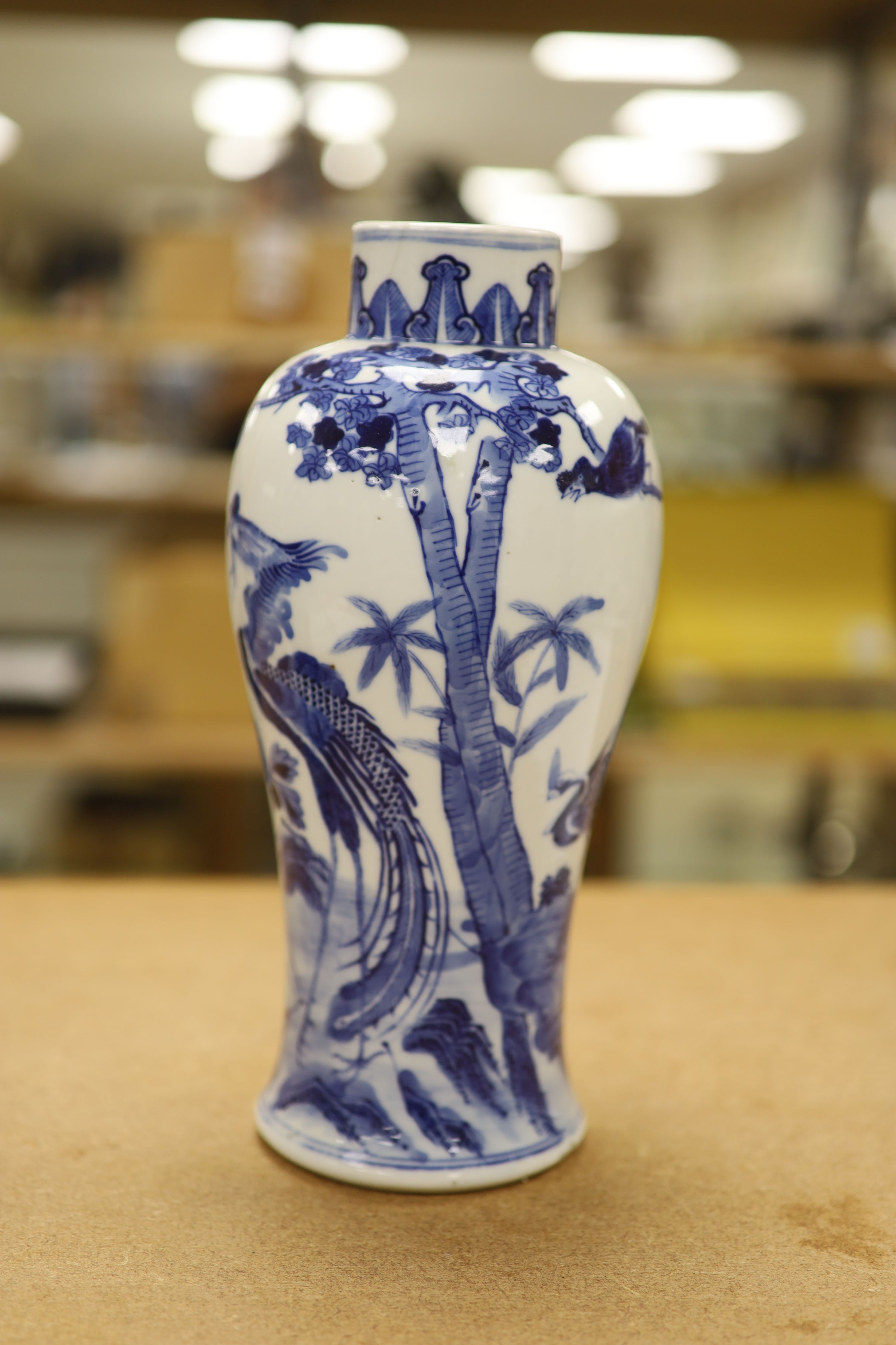 Two 19th century Chinese blue and white vases, decorated with phoenix, tallest 28cm (a.f)